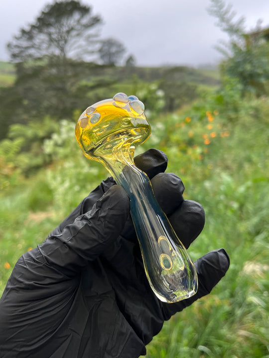 Jargo Glass Wrap And Rake Shroom Spoon - Fine Silver Fumed/Light Cobalt/Yellow