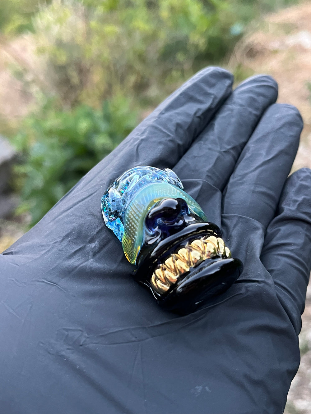 Wyrdglass Goblin Beanie Pendant Gold Grill - Grape/Crushed Opal/Blue Stardust/Night Cap