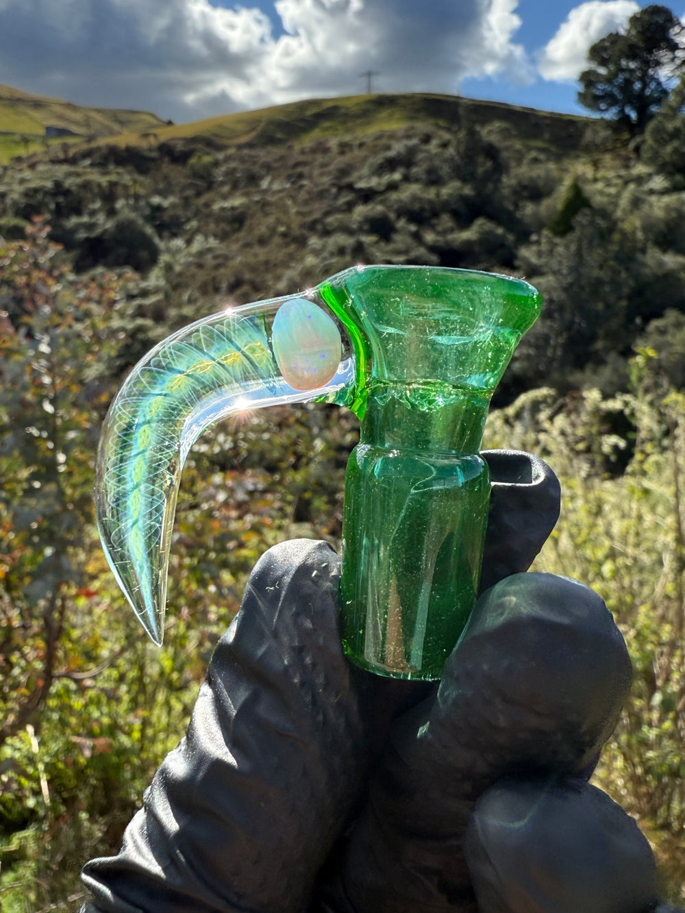 Polar Glass 18mm Fully Worked Slide Opal Encased Spiral Horn - Illuminati/Heavy Blue Stardust