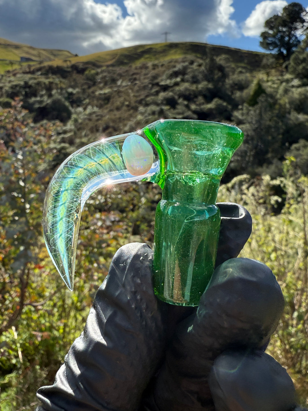 Polar Glass 18mm Fully Worked Slide Opal Encased Spiral Horn - Illuminati/Heavy Blue Stardust