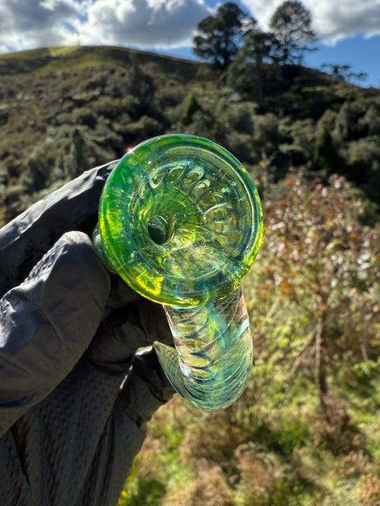Polar Glass 18mm Fully Worked Slide Fume Spiral Horn - Citrine/Metaterrainia/Heavy Blue Stardust