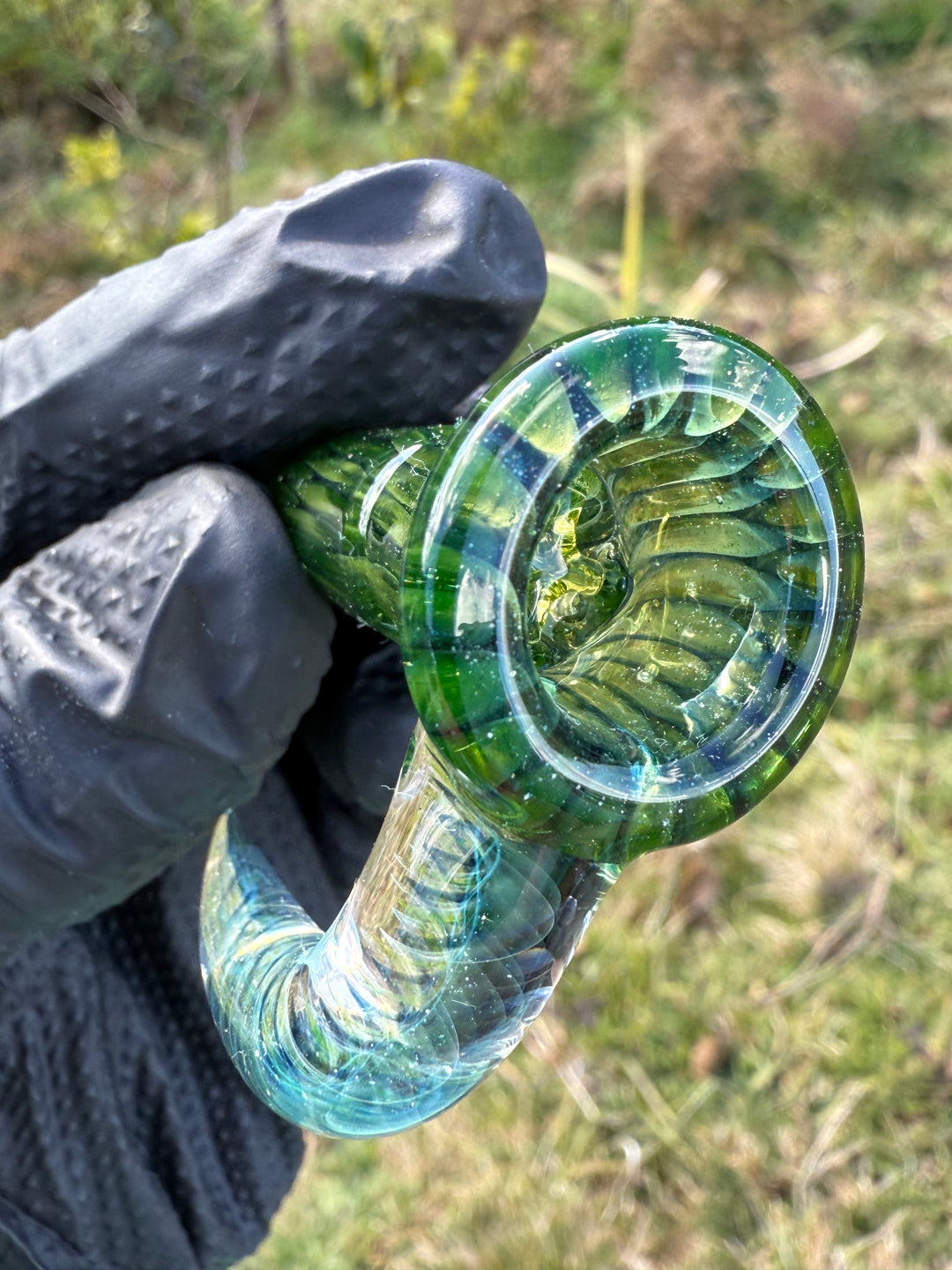 Polar Glass 14mm Fully Worked Slide Fume Spiral Horn - Citrine/Metaterrainia/Heavy Blue Stardust