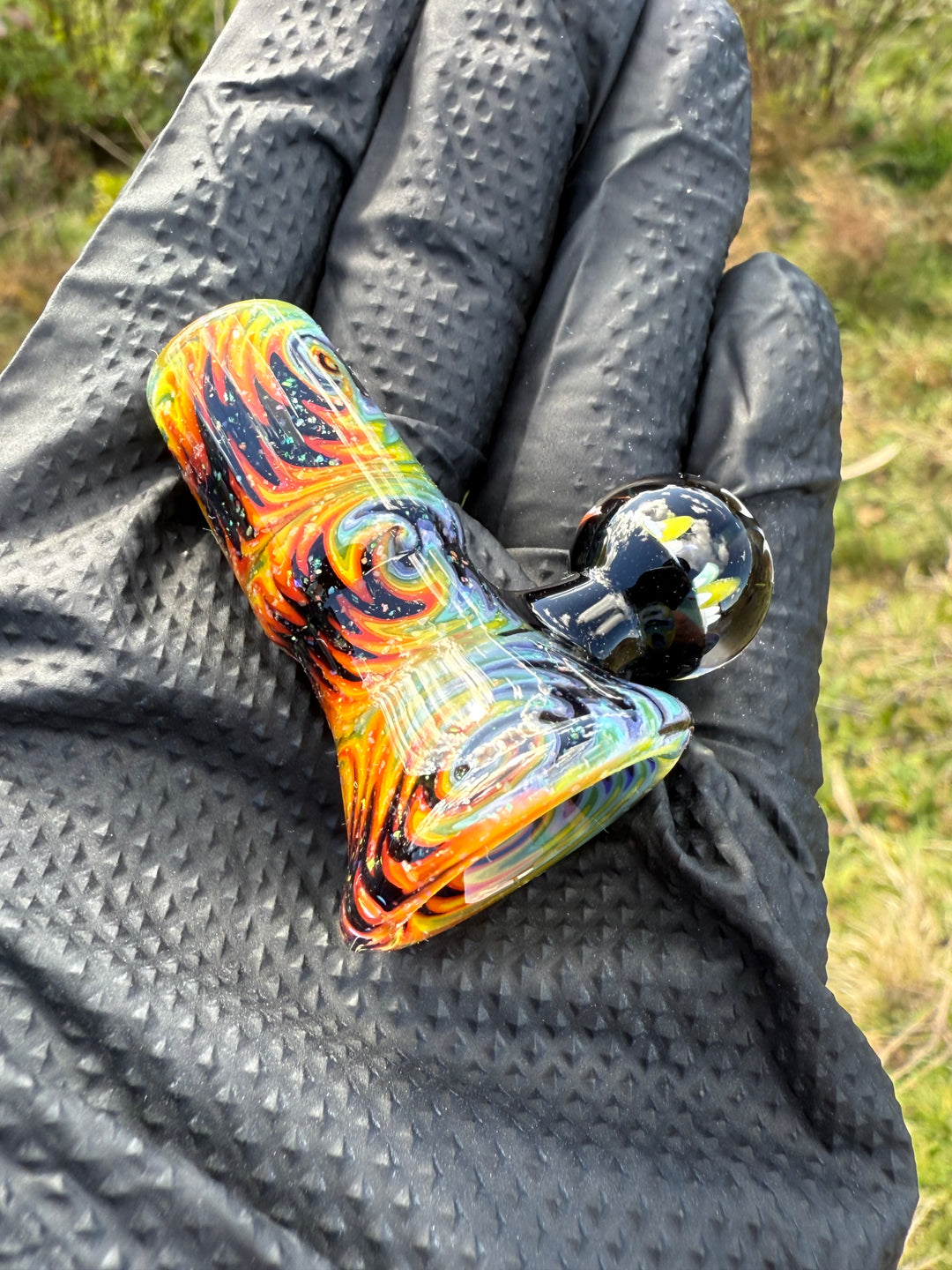 Polar Glass X Borobillacate 18mm Fully Worked Slide With Implosion Marble  - Rainbow Wigwag