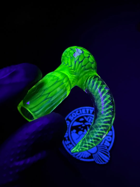 Polar Glass 18mm Fully Worked Slide Fume Spiral Horn - Citrine/Metaterrainia/Heavy Blue Stardust