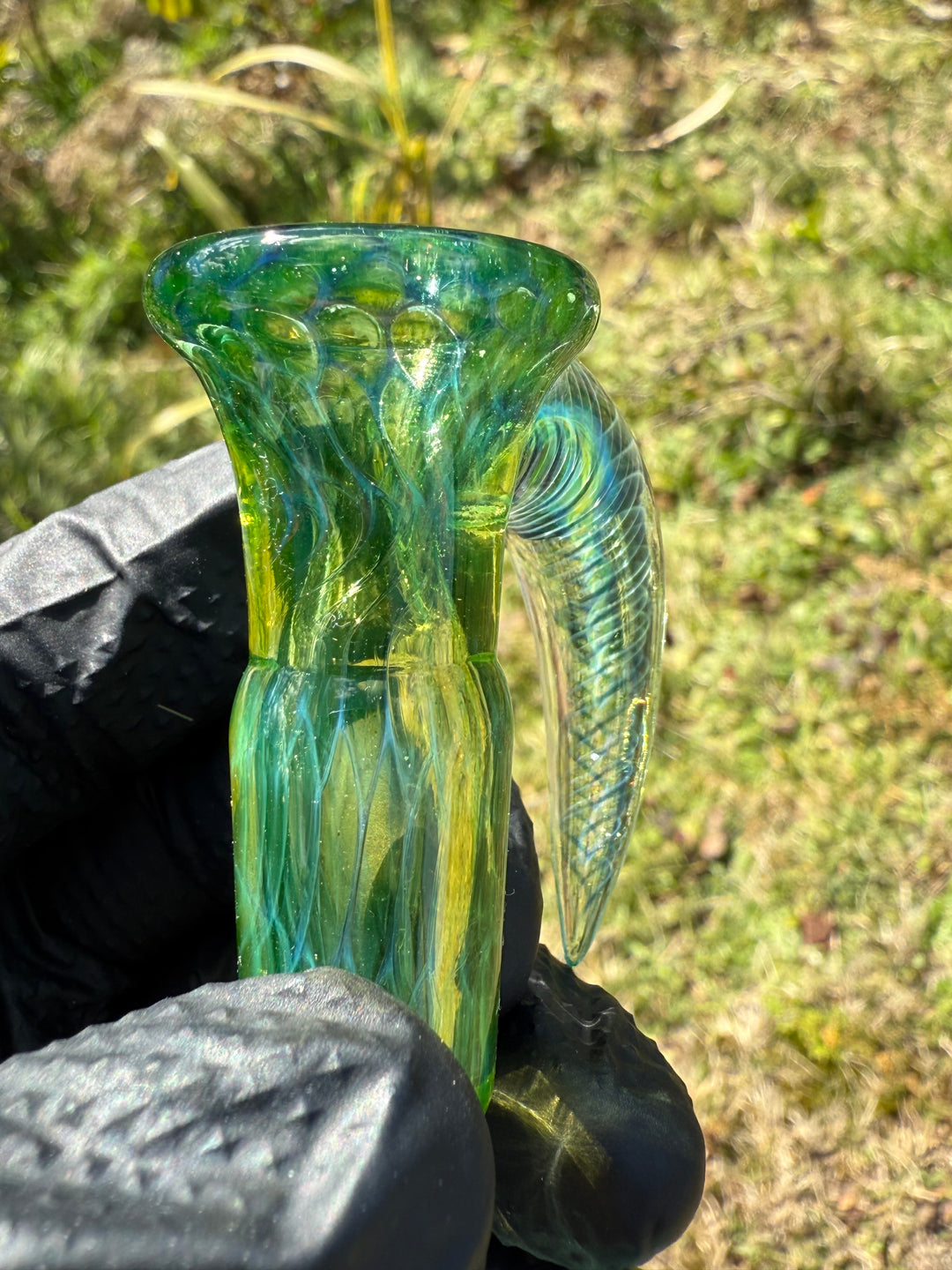Polar Glass 18mm Fully Worked Slide Fume Spiral Horn - Citrine/Metaterrainia/Heavy Blue Stardust