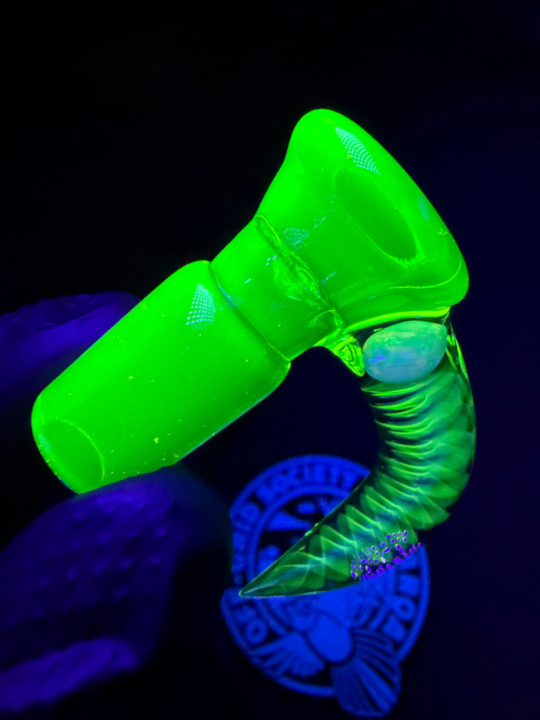 Polar Glass 18mm Fully Worked Slide Opal Encased Spiral Horn - Illuminati/Heavy Blue Stardust