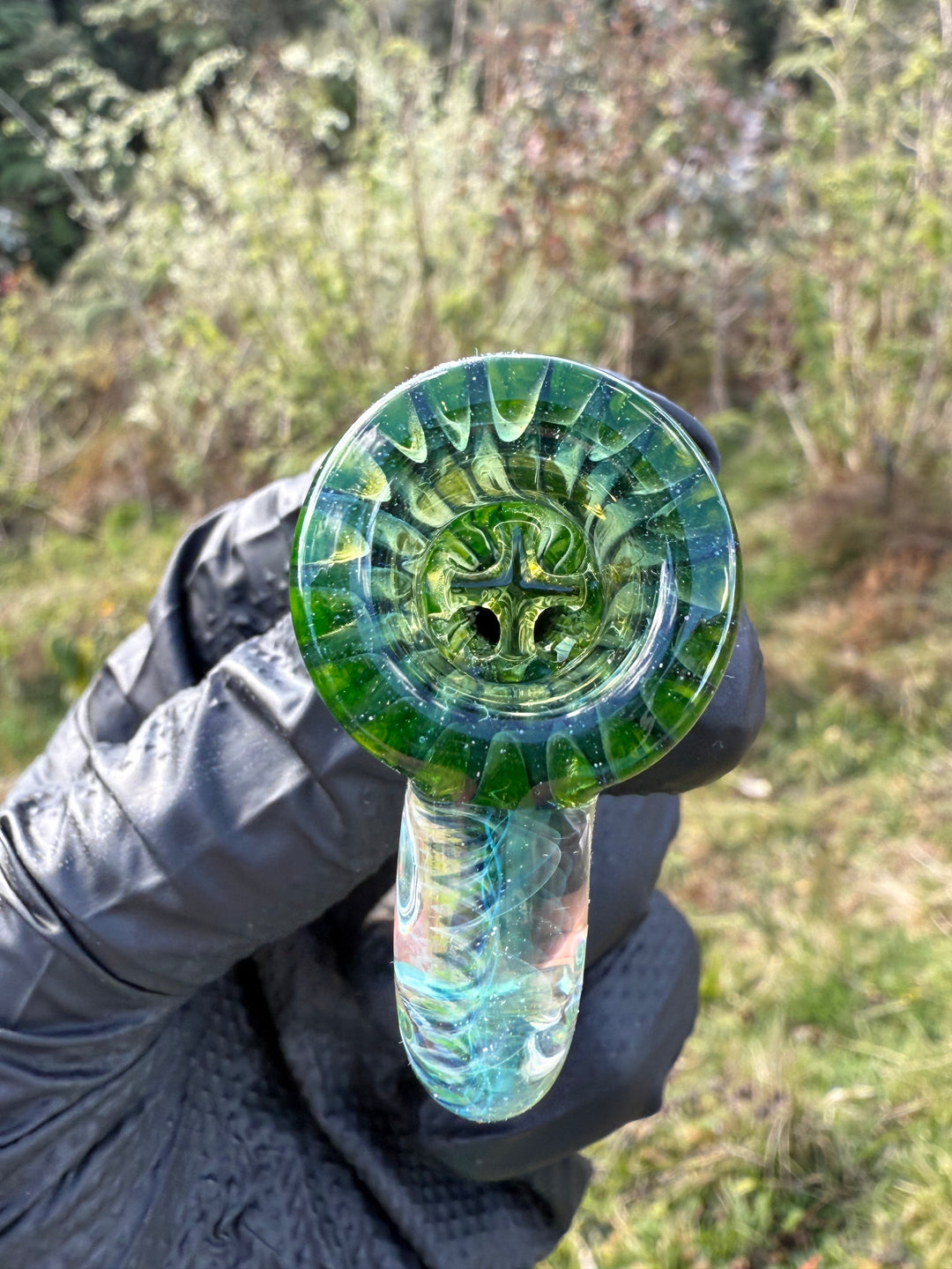 Polar Glass 14mm Fully Worked Slide Fume Spiral Horn - Citrine/Metaterrainia/Heavy Blue Stardust