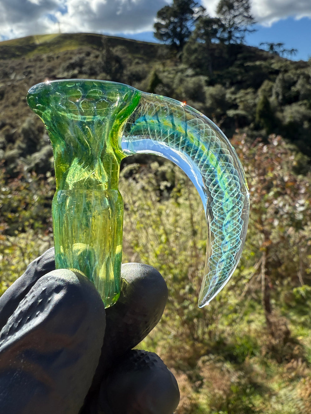 Polar Glass 18mm Fully Worked Slide Fume Spiral Horn - Citrine/Metaterrainia/Heavy Blue Stardust