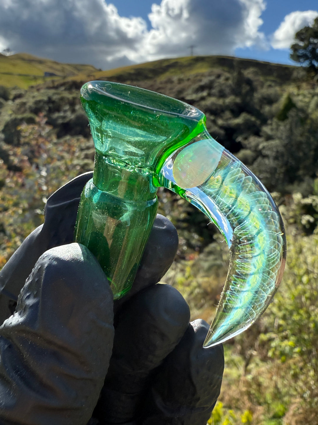 Polar Glass 18mm Fully Worked Slide Opal Encased Spiral Horn - Illuminati/Heavy Blue Stardust