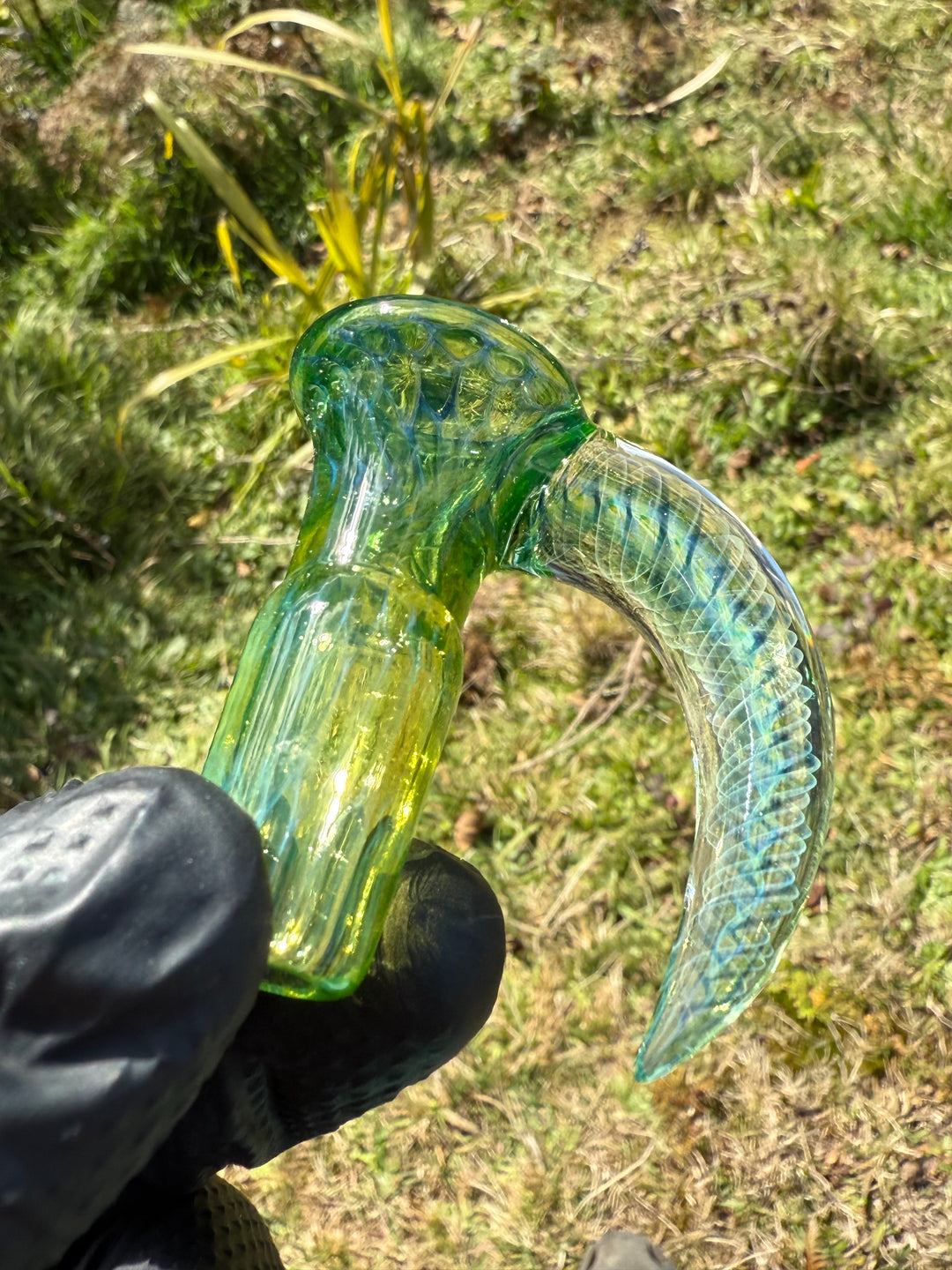 Polar Glass 18mm Fully Worked Slide Fume Spiral Horn - Citrine/Metaterrainia/Heavy Blue Stardust