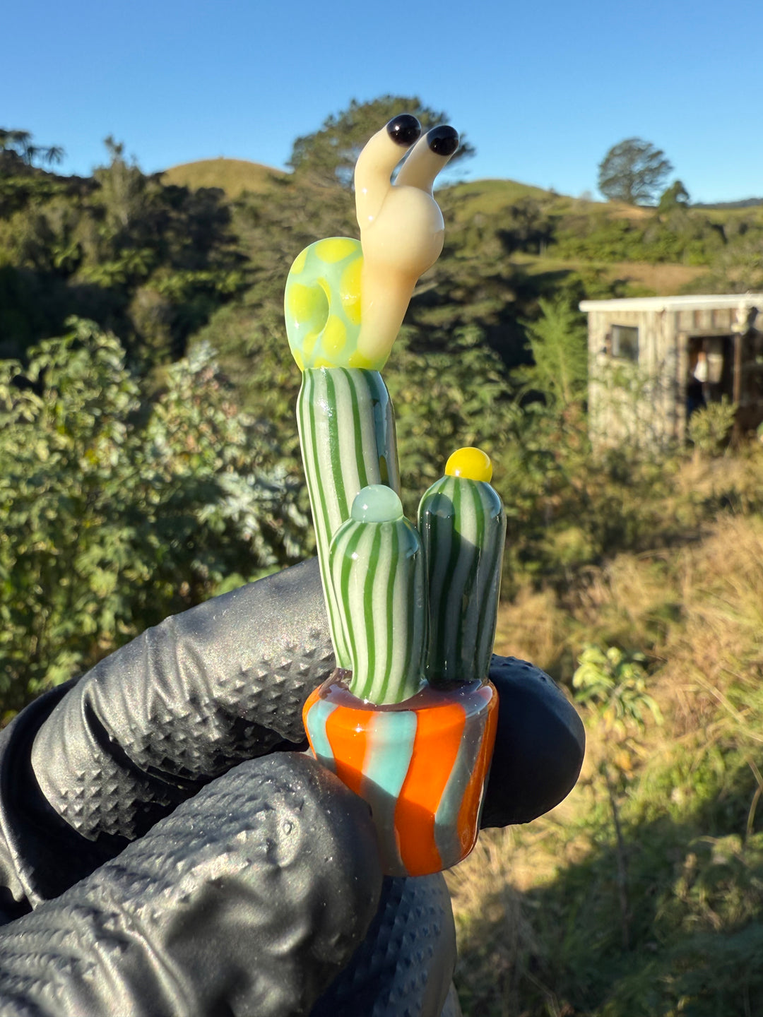Waffle Glass Pendant - Snail On Cactus #1