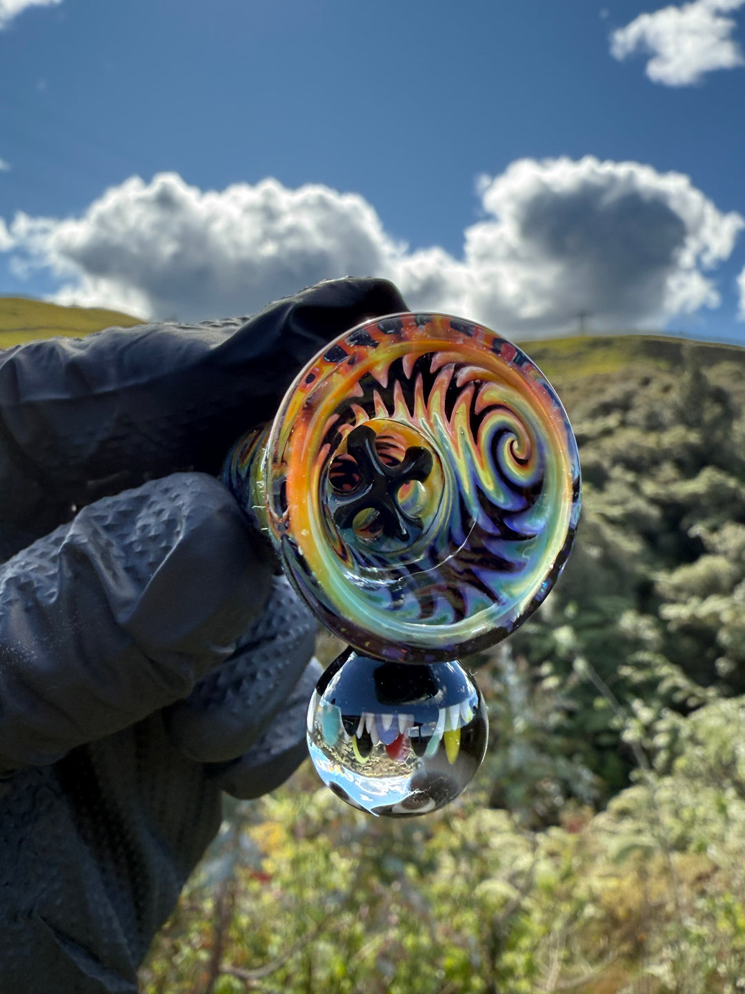 Polar Glass X Borobillacate 18mm Fully Worked Slide With Implosion Marble  - Rainbow Wigwag